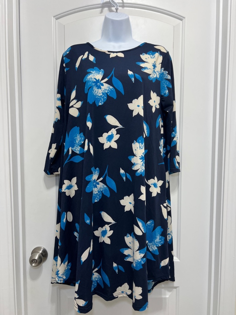 Navy Floral Long Sleeve Swing Dress with Blue & Cream Blooms
